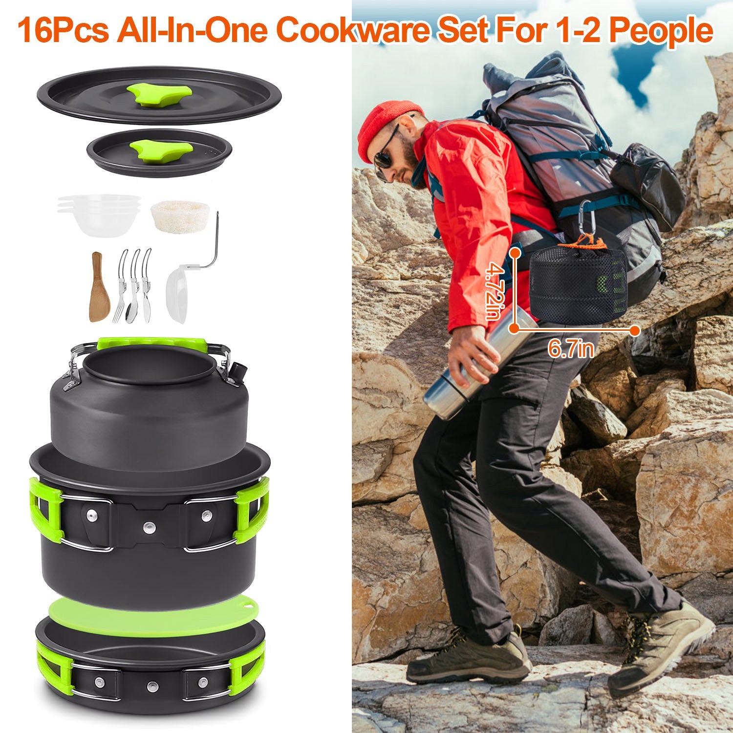 16Pcs Camping Cooking Ware Set Camping Stove Cookware Kit Aluminum Pot Pan Kettle Set With Bowls Knife Fork Spoon Carabiner Spatula Cutting Board For Hiking Picnic Outdoor