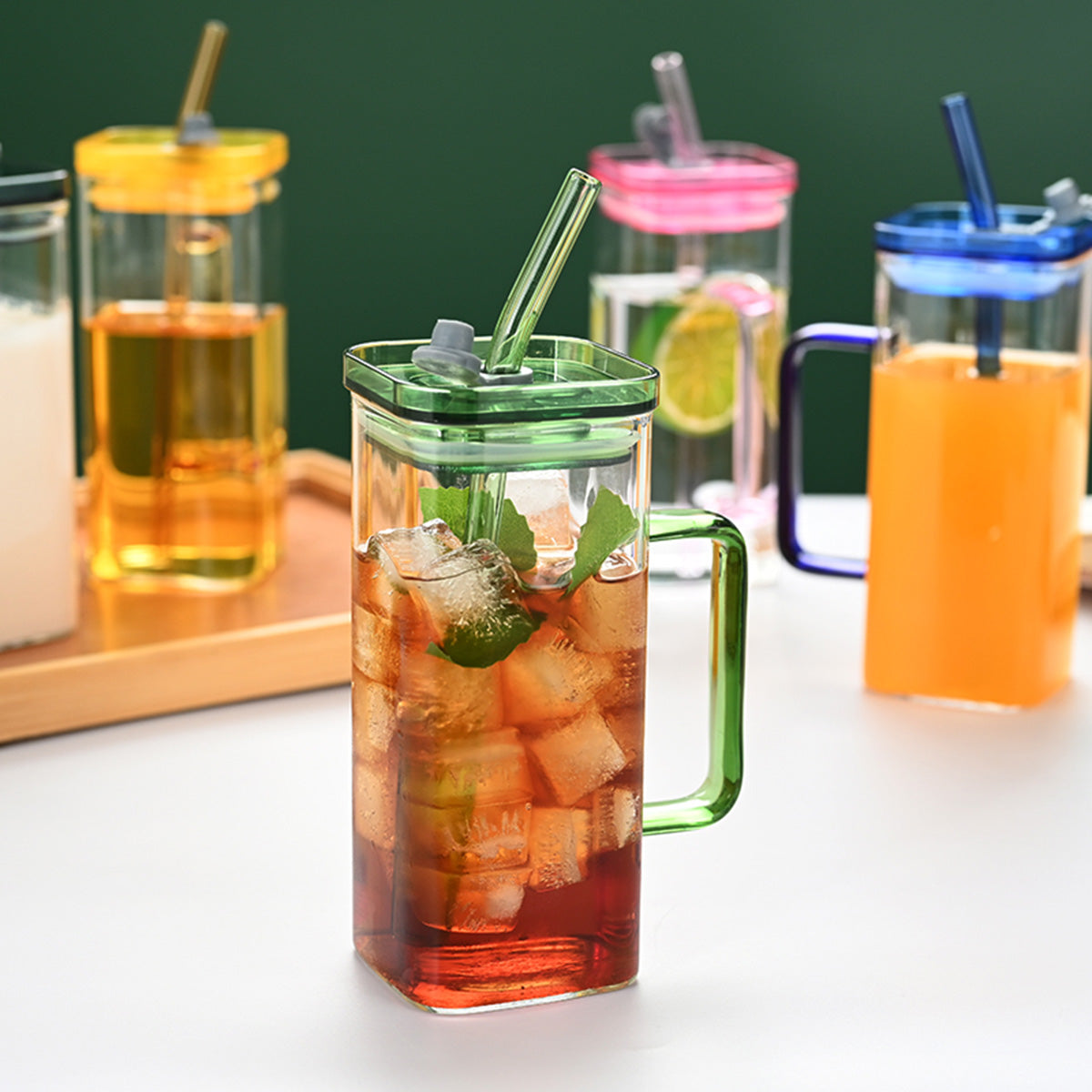 6 Pcs Glass Straw Cup, 6 Colors Square Glass Cup With Straw And Lid, High Borosilicate Glass Cup, Milk Cup, Juice Cup, Cold Drink Cup, Coffee Cup, Tea Cup, Office Cup, Gift Cup