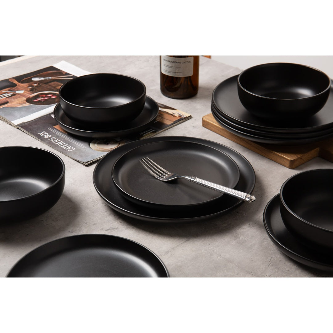 12-Piece Stoneware Dinner Plates Bowls Sets  Microwave & Dishwasher Safe   Non-Toxic Dinner Plates Bowls Set   Stackable Matte Glaze Kitchenware For 4