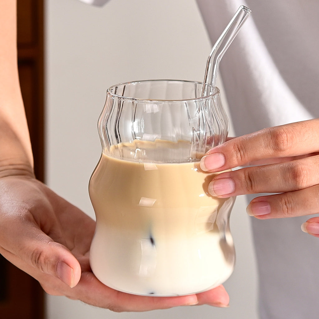 6 Pcs 19 Ounce Glass Straw Cup, Coffee Cup, Milk Cup, Juice Cup, Cold Drink Cup, Tea Cup, Water Cup, Office Cup, Striped Cloud Cup